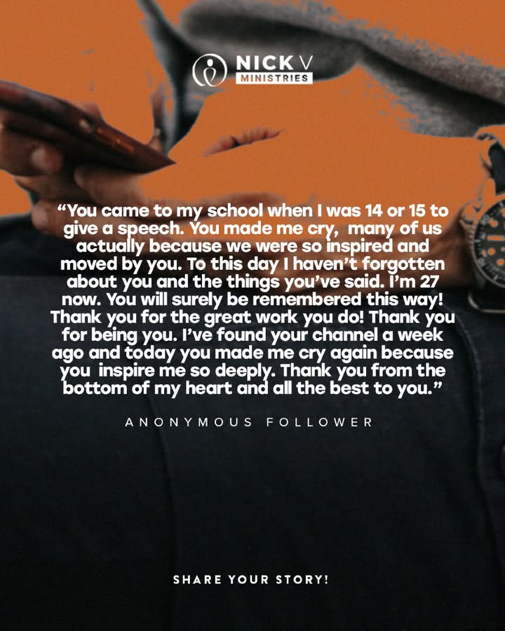 This heartfelt testimony from someone inspired by nicks speech years ago reminds us how lasting the impact of hope, faith, and encouragement can be. Have a story of how nick vujicic and his ministry has blessed your life? Wed love to hear it! Share your testimony and be part of this journey of faith and transformation: https://nickvministries. Org/resources/livestransformed/ #livestransformed #nickvministries #nickvujicic